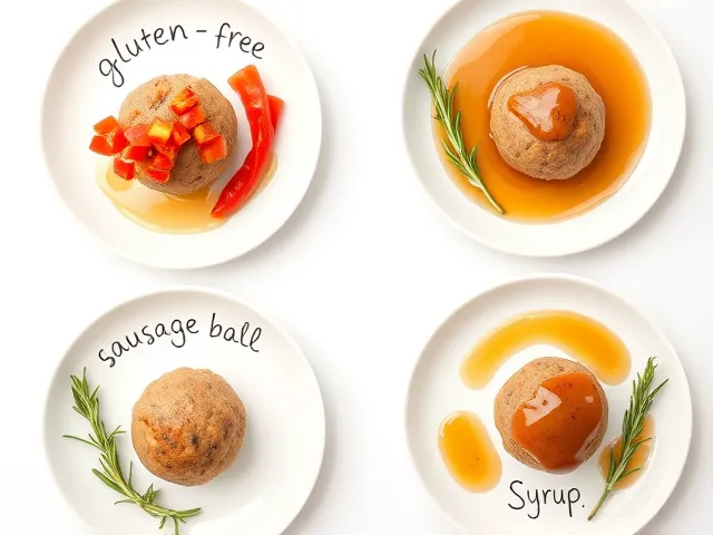 Four white plates, each featuring a gluten-free sausage ball with different toppings, labeled with handwritten text like 'gluten-free' and 'breakfast.