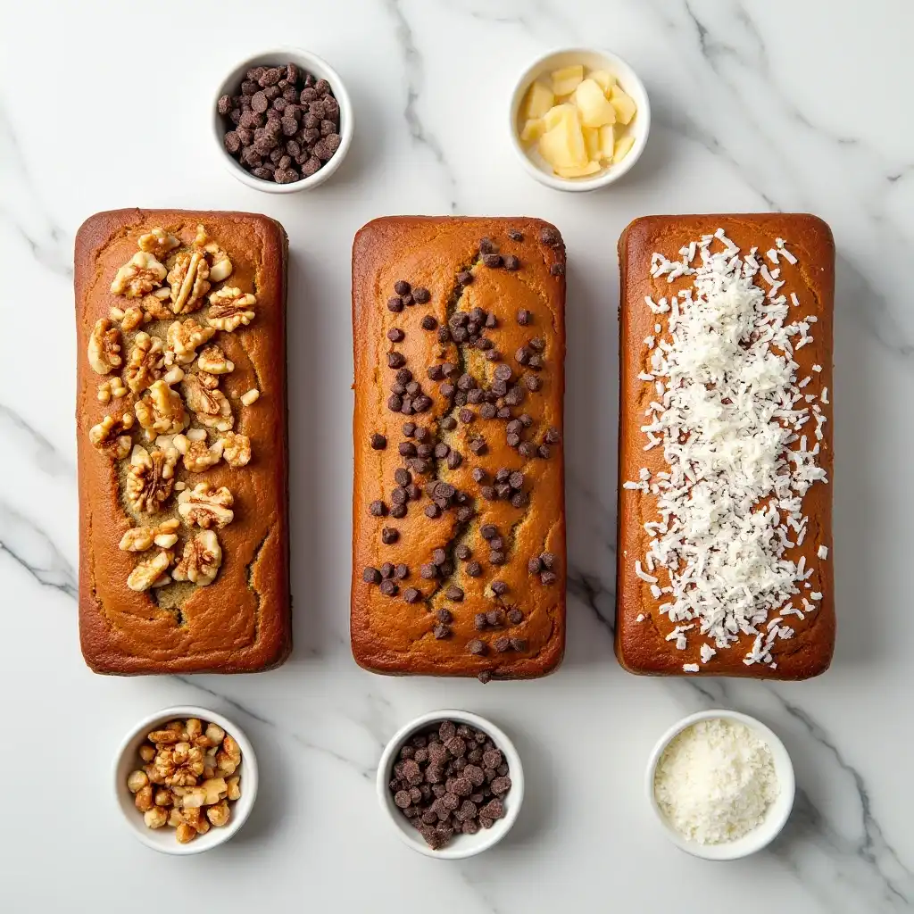 Three variations of 2 bananas banana bread topped with walnuts, chocolate chips, and shredded coconut, displayed with their respective toppings in small bowls.