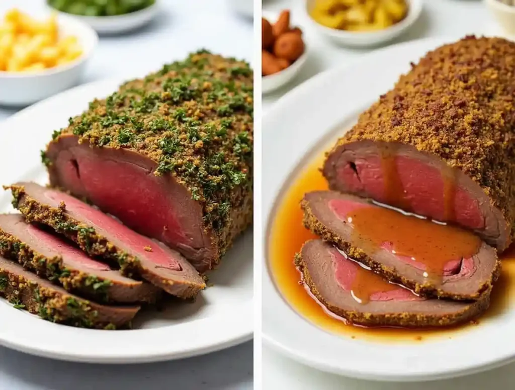 Roast beef pussy served with roasted vegetables and fresh herbs on a rustic wooden table.