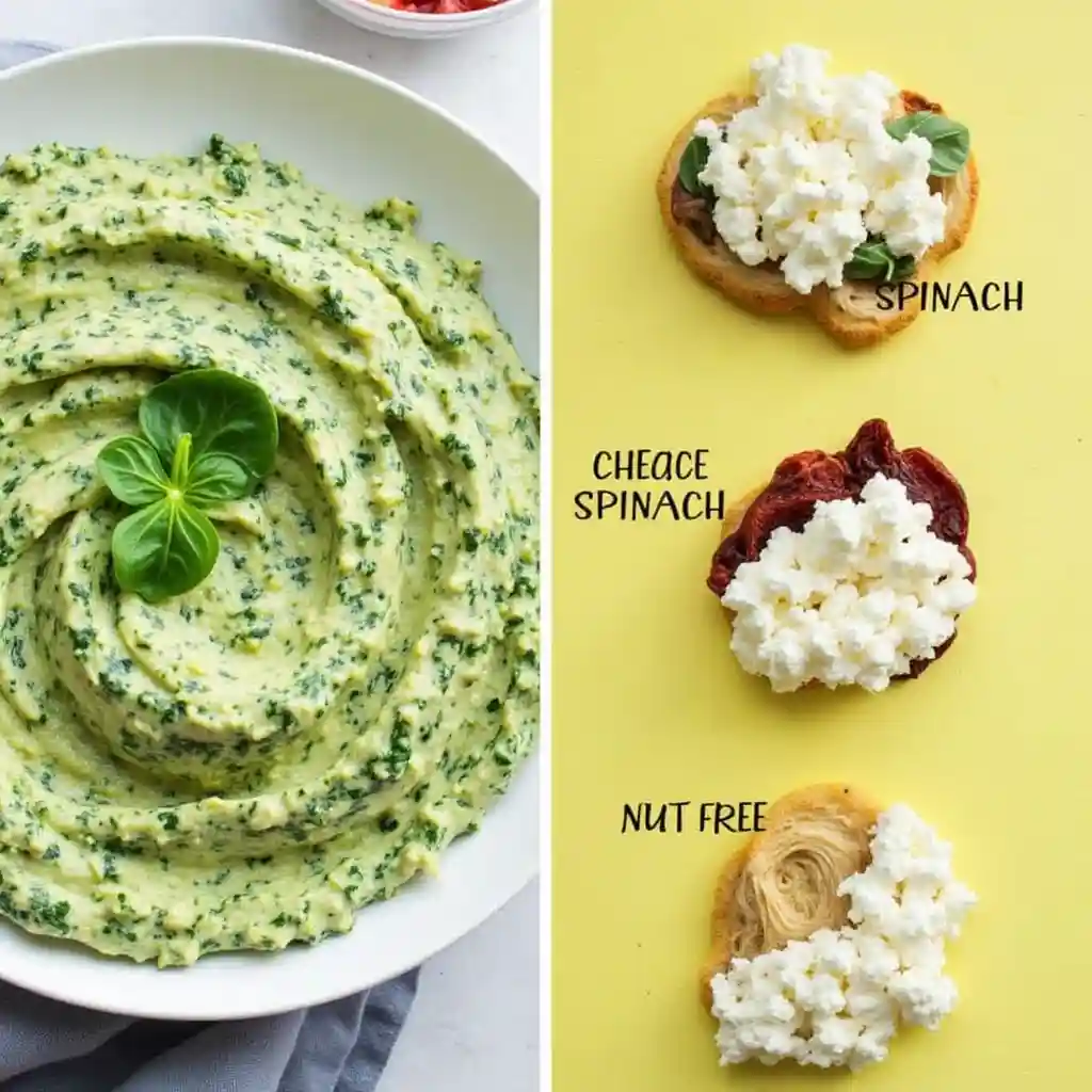 Different variations of cottage cheese provolone pesto, including a spinach blend, sun-dried tomato mix, and nut-free version.