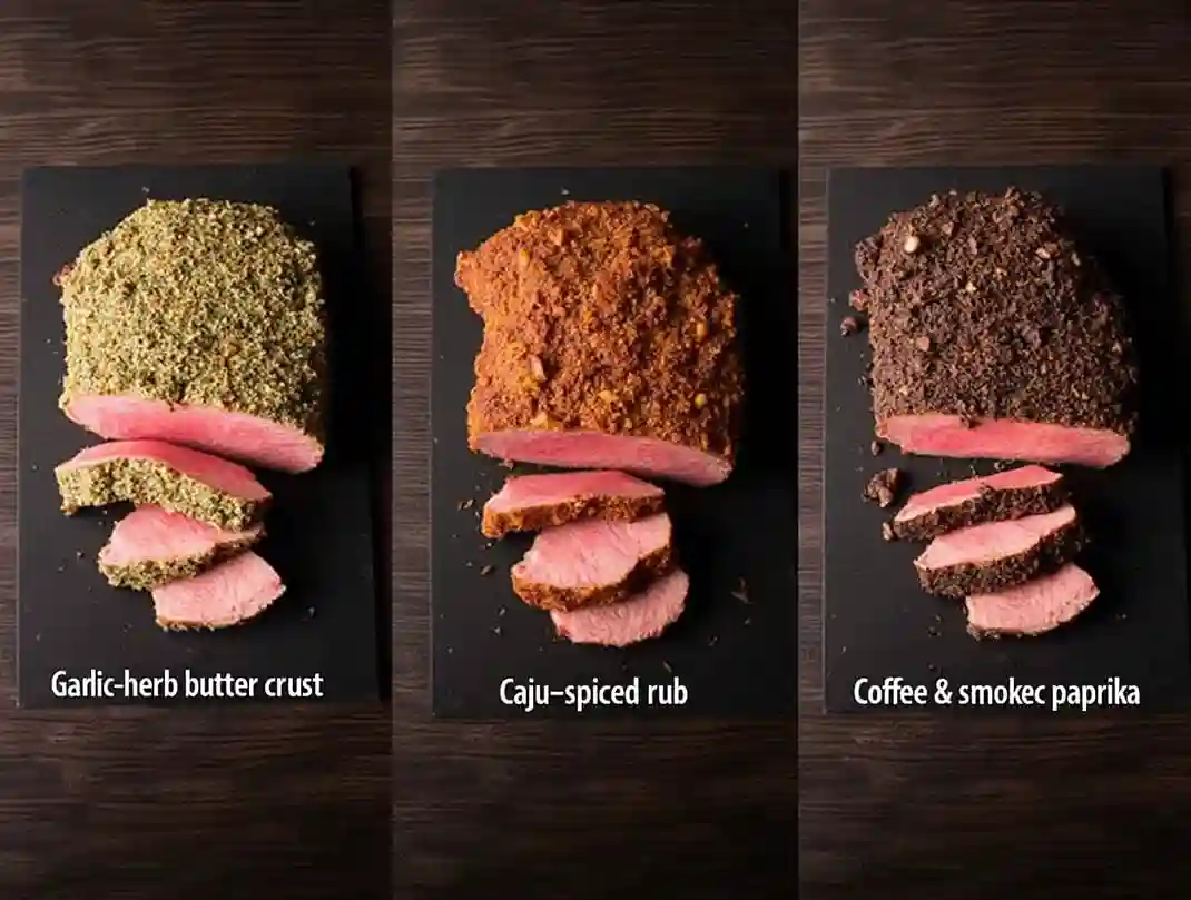 Three ribeye roast variations with different seasonings: garlic-herb butter, Cajun spice rub, and coffee-smoked crust, each sliced for doneness.