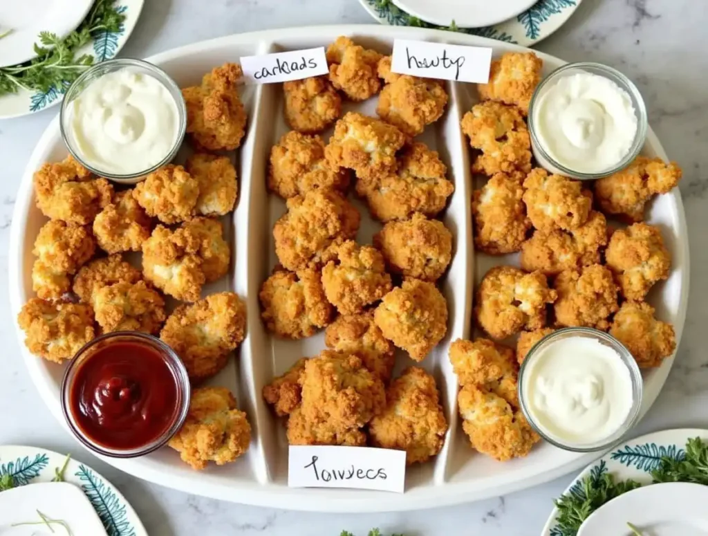 A divided platter showcasing variations of cauliflower spicy chicken tenders, labeled vegan, gluten-free, and kid-friendly, with dipping sauces.