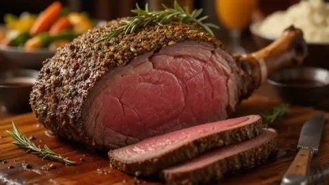 Perfectly cooked ribeye roast with a herb-crusted seared exterior and juicy pink center, sliced on a wooden board with fresh rosemary and au jus.