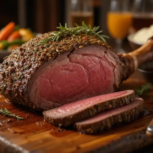 Perfectly cooked ribeye roast with a herb-crusted seared exterior and juicy pink center, sliced on a wooden board with fresh rosemary and au jus.