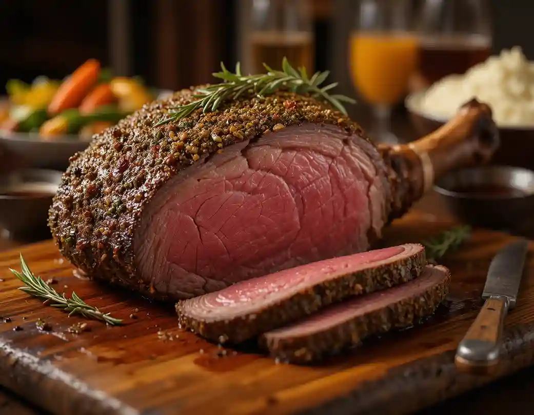 Perfectly cooked ribeye roast with a herb-crusted seared exterior and juicy pink center, sliced on a wooden board with fresh rosemary and au jus.