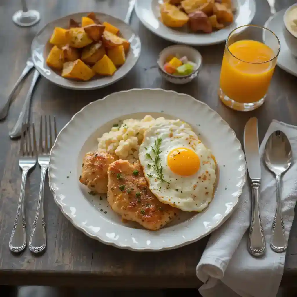 A beautifully plated chicken breakfast recipe featuring golden pan-seared chicken, a sunny-side-up egg, creamy mashed potatoes, and fresh herbs, served with a side of roasted potatoes and orange juice.