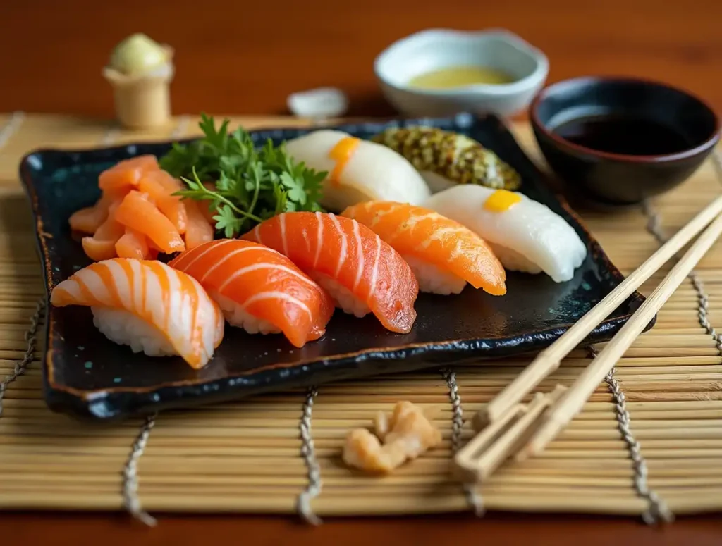 Elegant sushi platter with chopsticks, soy sauce, and traditional sides like miso soup and green tea.