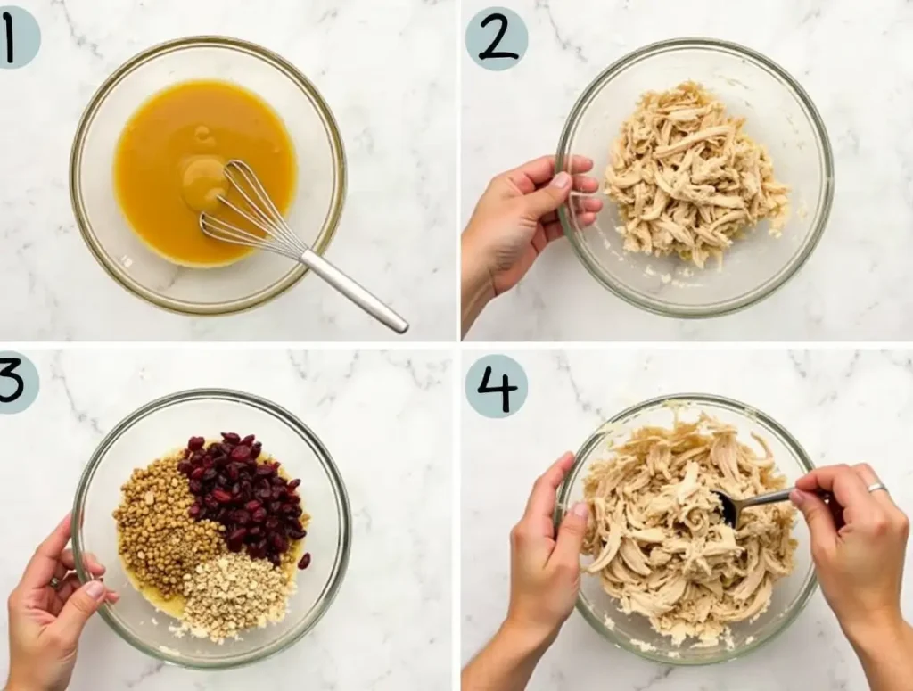 Step-by-step preparation of premade chicken salad, showing the mixing of ingredients in a glass bowl.