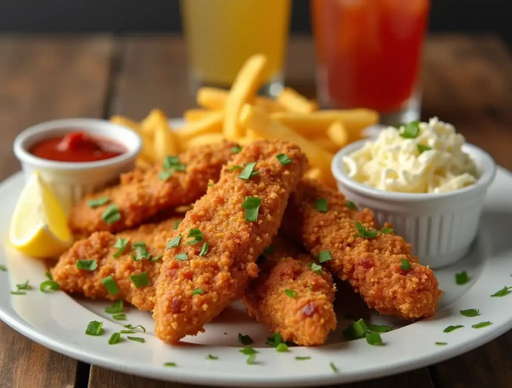 Braum's chicken tenders served with fries and coleslaw.