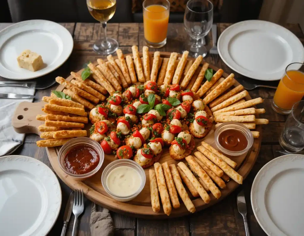 A beautifully set Italian table with appetizers for lasagna dinner, including bruschetta, Caprese skewers, breadsticks, and juice glasses.