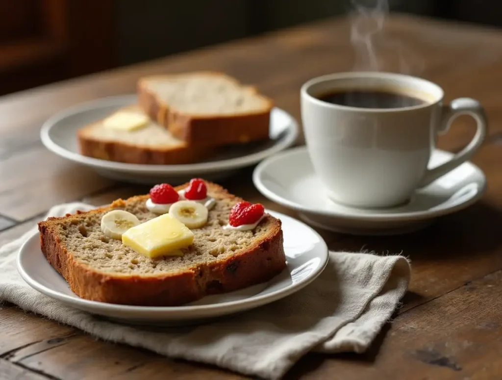 A slice of banana bread topped with butter, banana slices, and fresh raspberries, served on a plate with a cup of steaming coffee on a rustic wooden table.