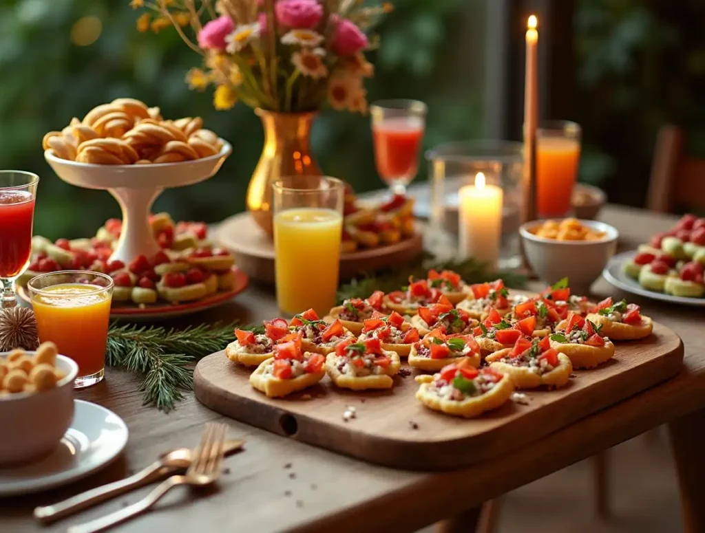 Stylish party table with a serving board of finger foods, tiered trays, dipping bowls, garnishes, wine glasses, and festive napkins.