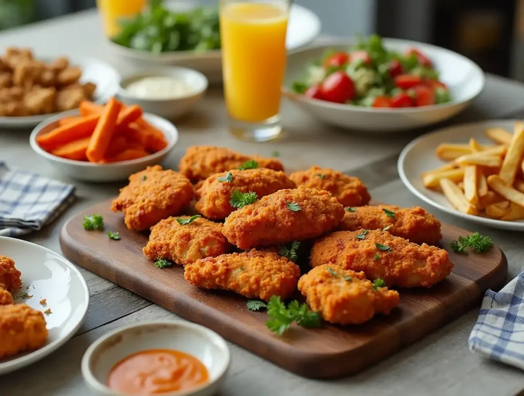 An elegant party table with cauliflower spicy chicken tenders, side dishes like sweet potato fries and salad, and festive decor.