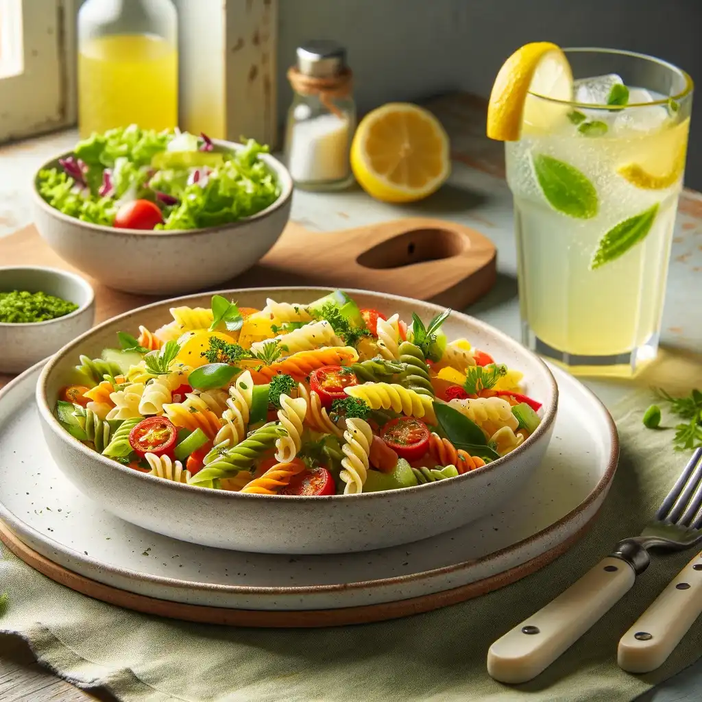 Easy gluten free meals featuring colorful pasta with vibrant vegetables, garnished with fresh herbs, served alongside a fresh green salad and lemonade.