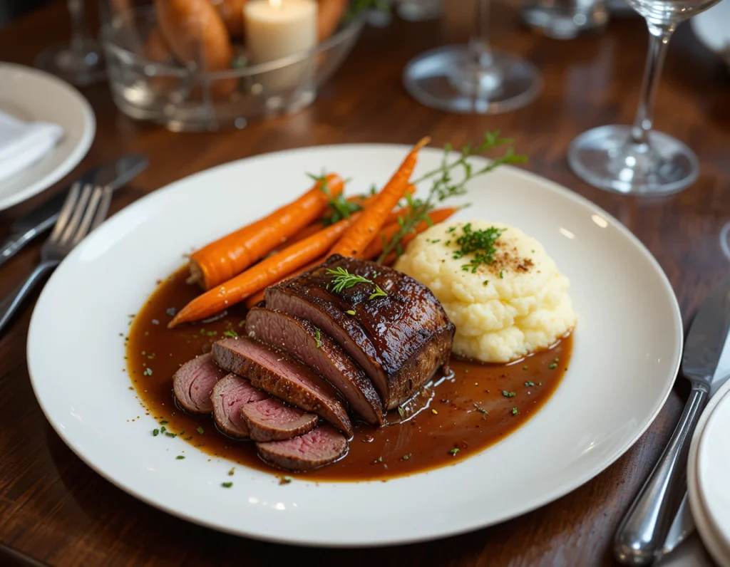 Plated venison roast with mashed potatoes, roasted carrots, and gravy.