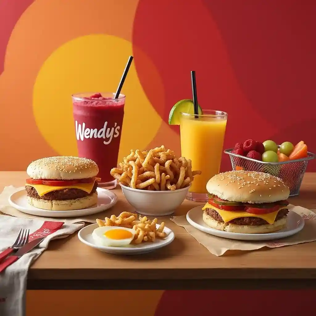 A vibrant Wendy’s breakfast spread featuring cheeseburgers with fresh toppings, crispy fries, a side of eggs, fresh fruit, and refreshing beverages including a smoothie and orange juice.