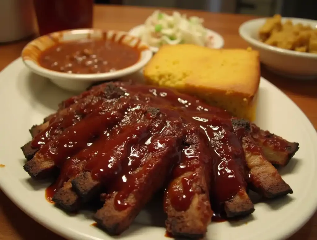 A dinner plate with sliced beef back ribs, coleslaw, baked beans, and cornbread, served with a glass of iced tea.