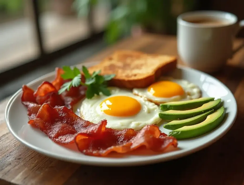 Breakfast plate with beef bacon, eggs, avocado, and toast on a rustic table.