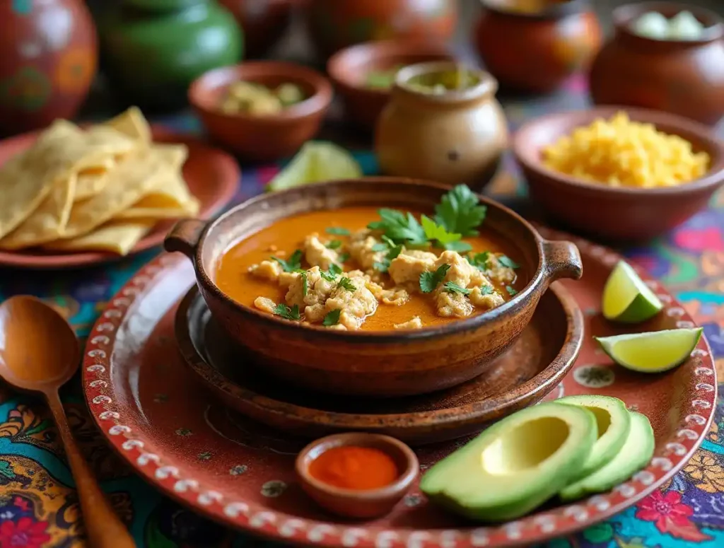 A serving of caldo de pollo with tortillas, rice, and garnishes on a decorated table.