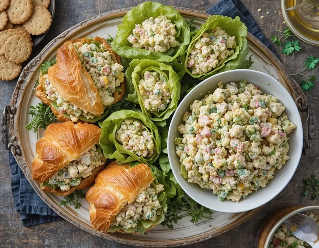 Serving options for premade chicken salad, including croissant sandwiches, lettuce wraps, and salad bowls.