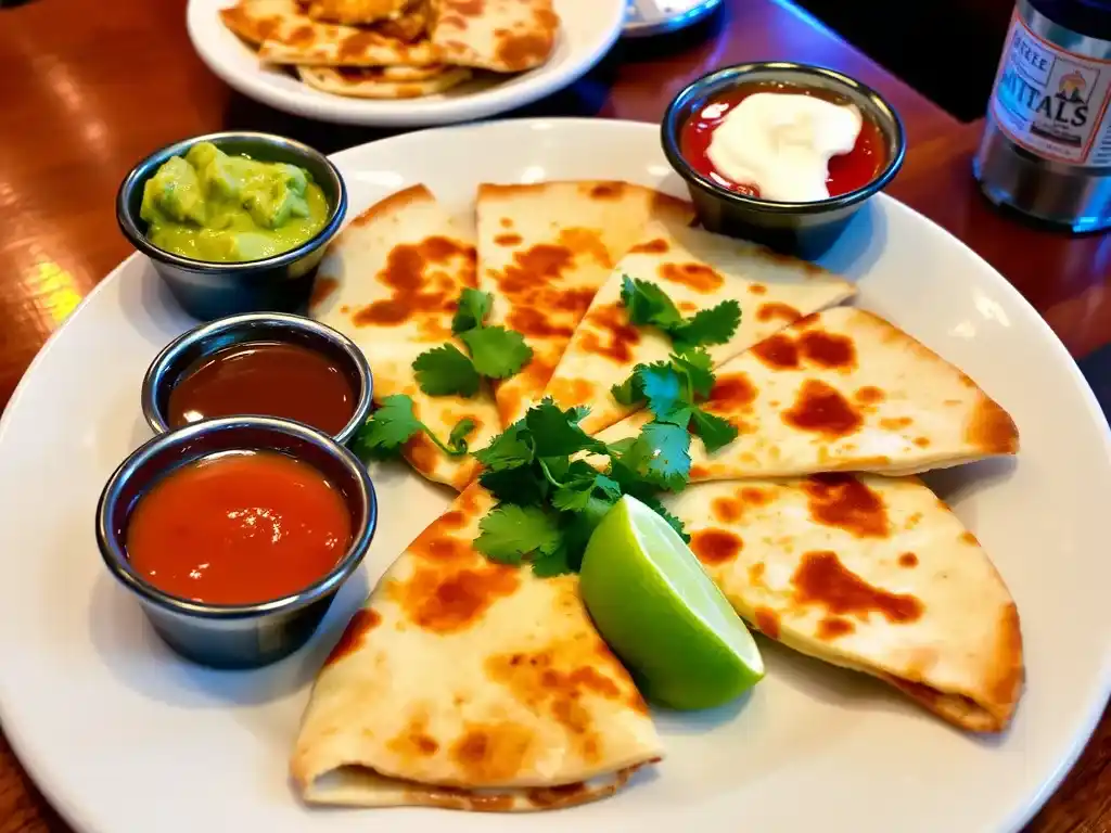 Applebee’s Chicken Quesadilla with guacamole, sour cream, and salsa on a wooden plate with garnishes.