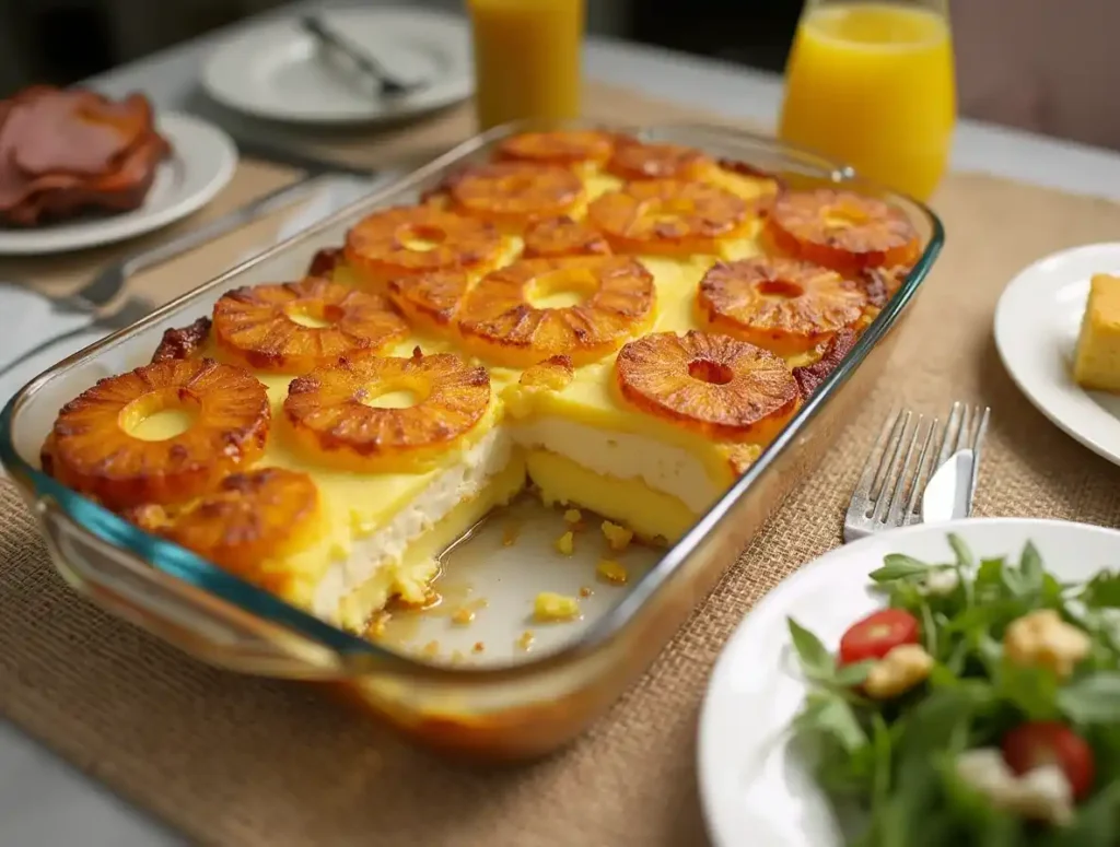 Pineapple casserole served with glazed ham, salad, and cornbread on a dinner table.