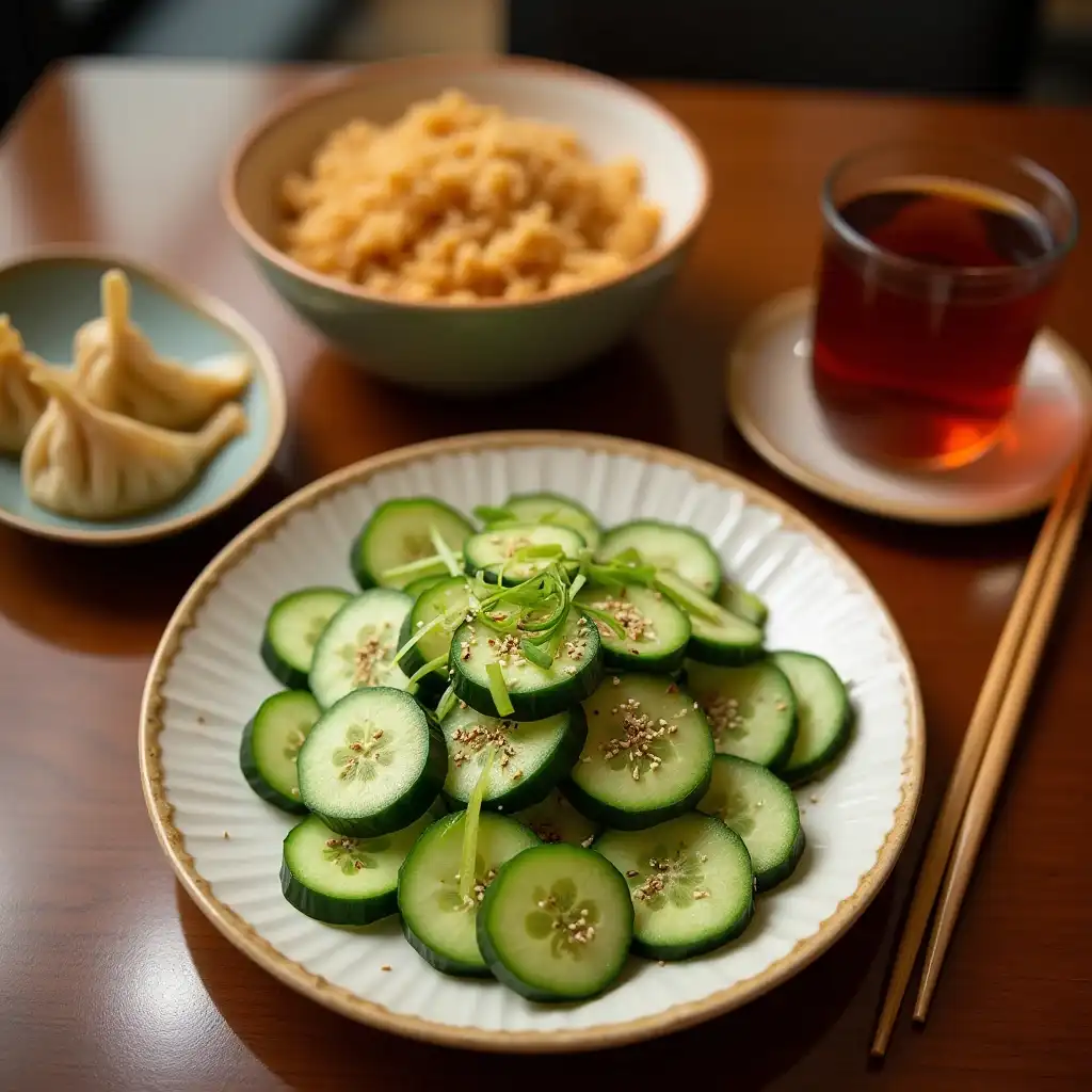 Serving suggestions for Din Tai Fung-inspired cucumber salad with dumplings and fried rice."