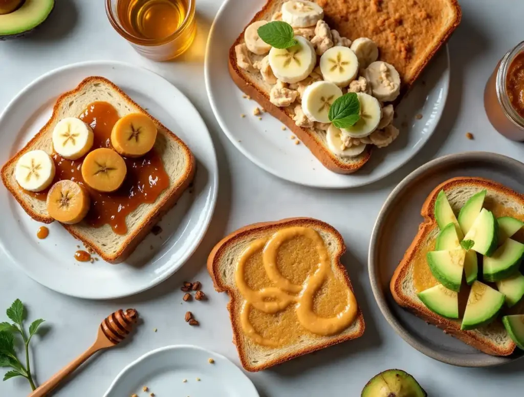 Bread grain recipe served as PB&J, toast with bananas, and a savory sandwich with avocado.