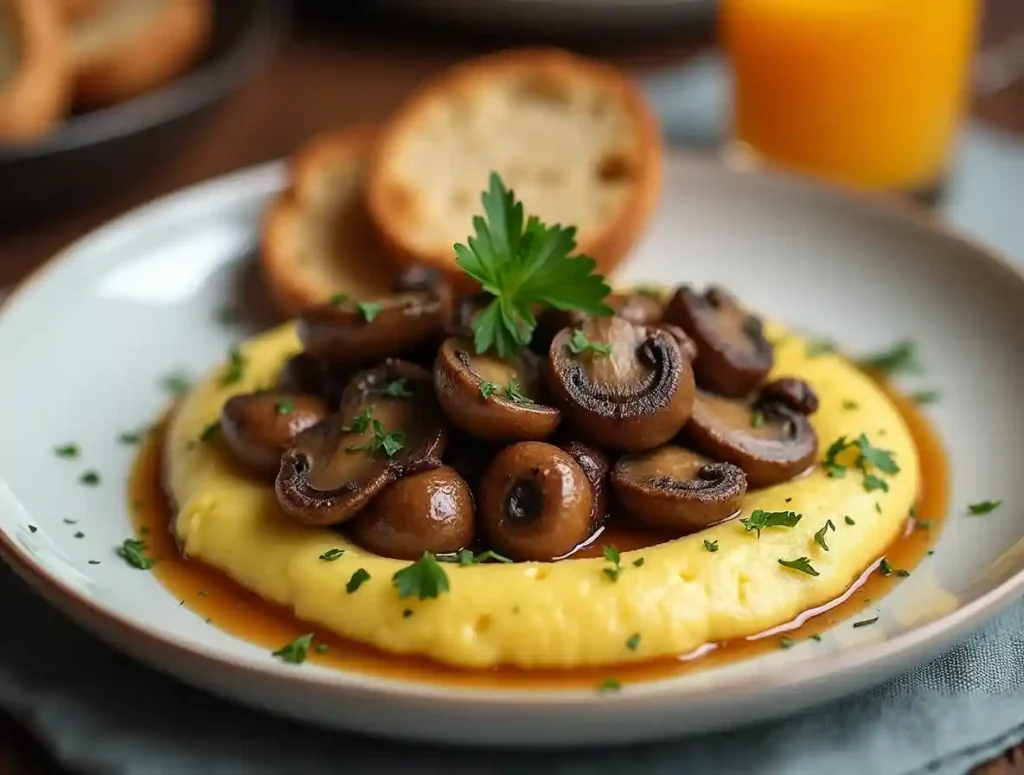 Wild mushrooms served over creamy polenta with bread and wine in a cozy setting.