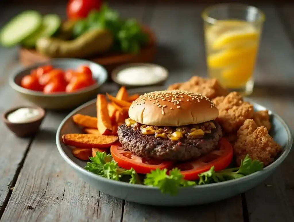 Burger bowl served with sides like sweet potato fries and sparkling water."