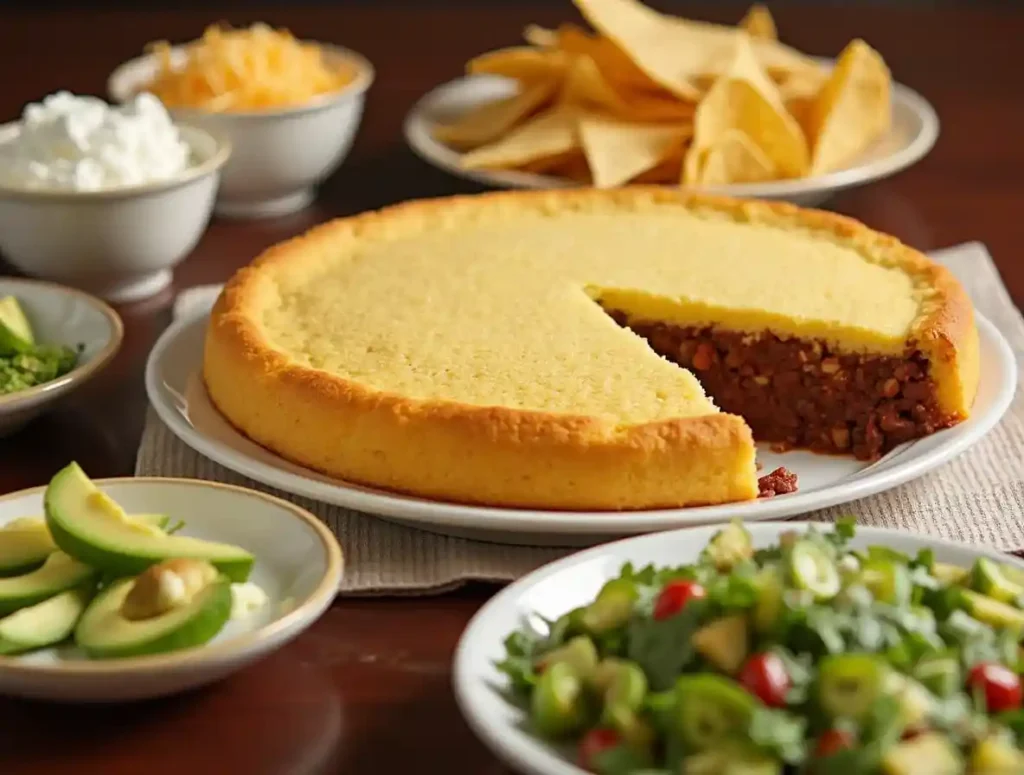 Cornbread-topped chili pie served with sides and toppings.