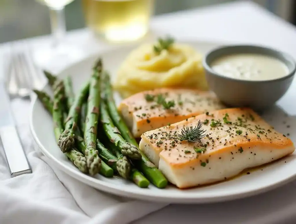 Steelhead trout served with garlic mashed potatoes, roasted asparagus, and dill sauce."