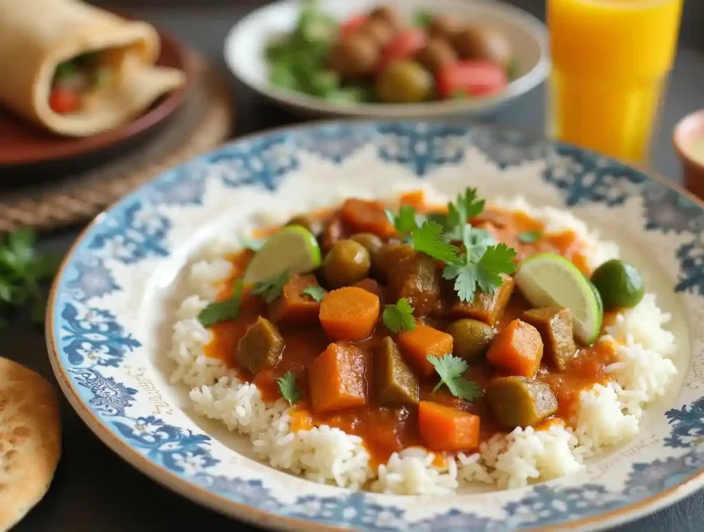 Spicy vegetables served with rice and wraps, paired with a cooling drink.