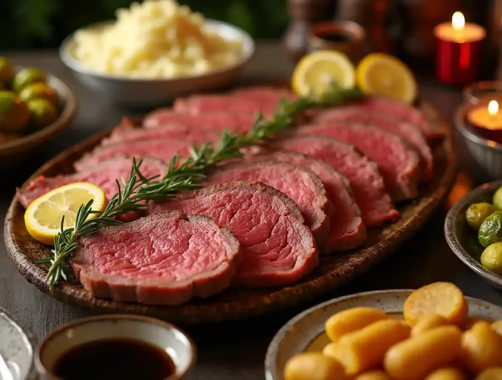 Platter of roast beef pussy with flavorful side dishes and garnishes.