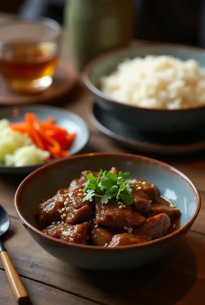 Braised beef tendon with rice, pickled vegetables, and green tea.