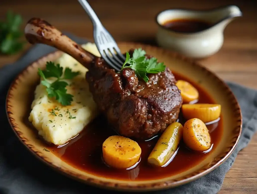 A plated bone-in shank with mashed potatoes, roasted vegetables, and fresh herbs.