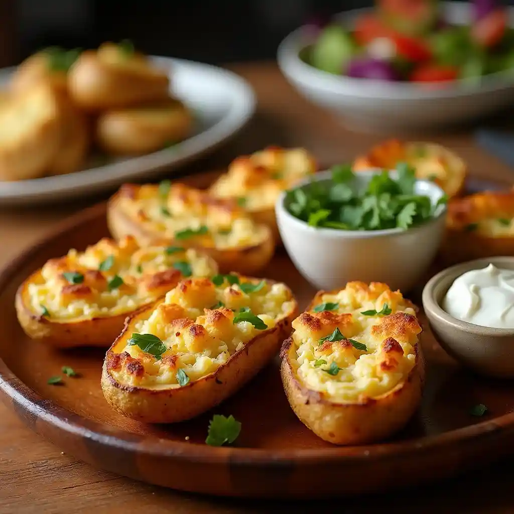 Plated Cottage Cheese Air Fryer Baked Potato Skins served with sour cream and fresh salad on a rustic wooden table.