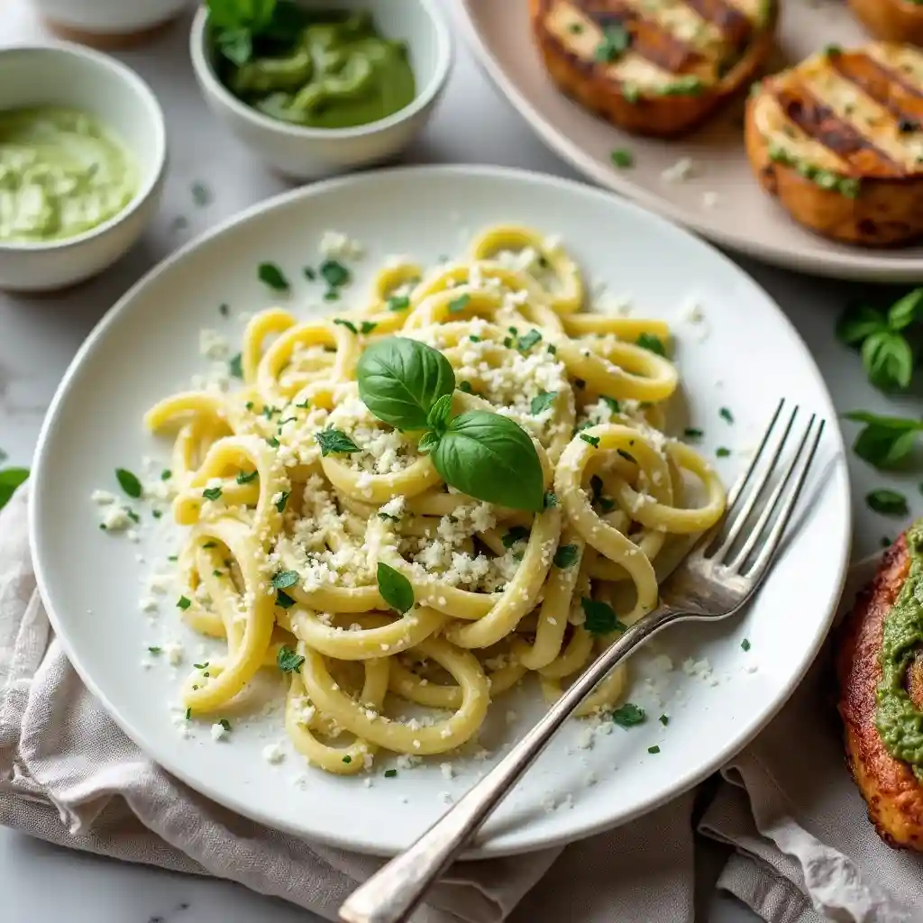 A plate of pasta with creamy cottage cheese provolone pesto, alongside other serving ideas like sandwiches and grilled chicken.
