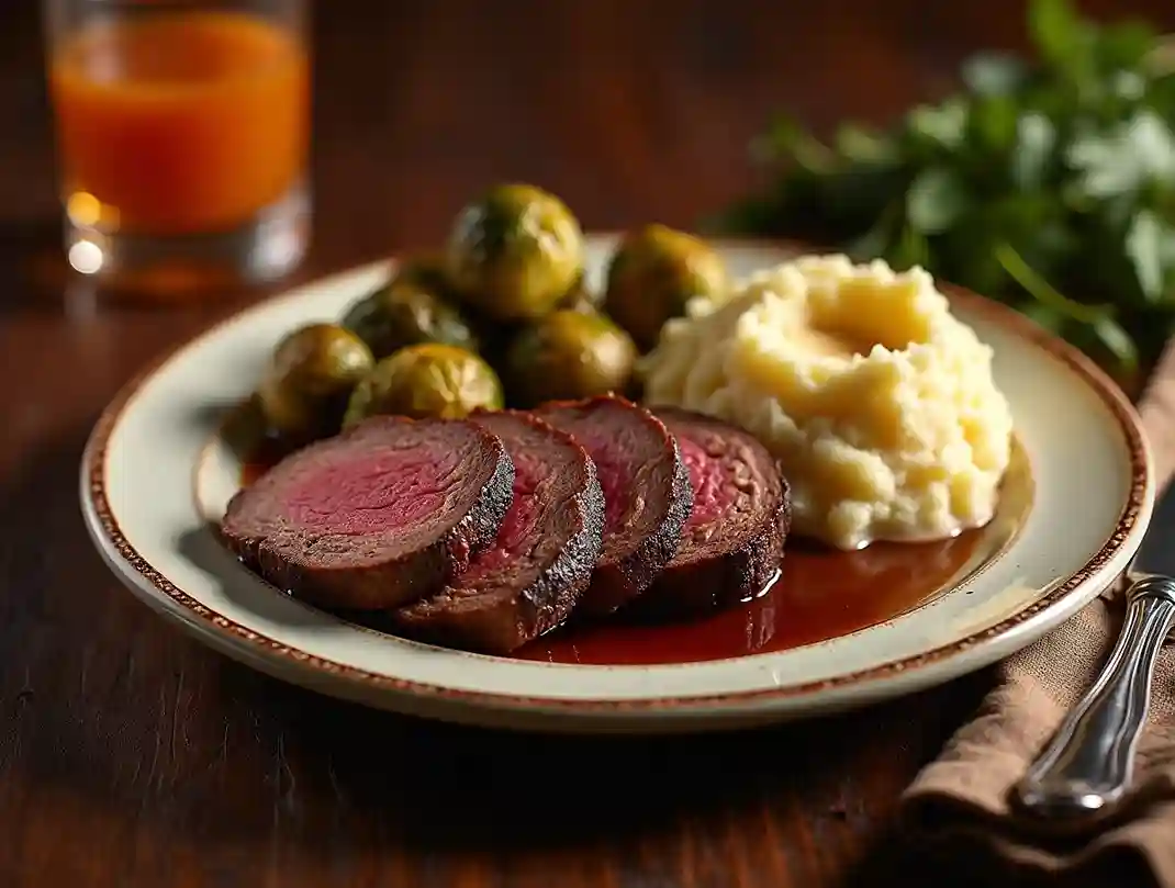 Sliced ribeye roast served with mashed potatoes, roasted Brussels sprouts, and au jus, with a glass of red wine on the side.