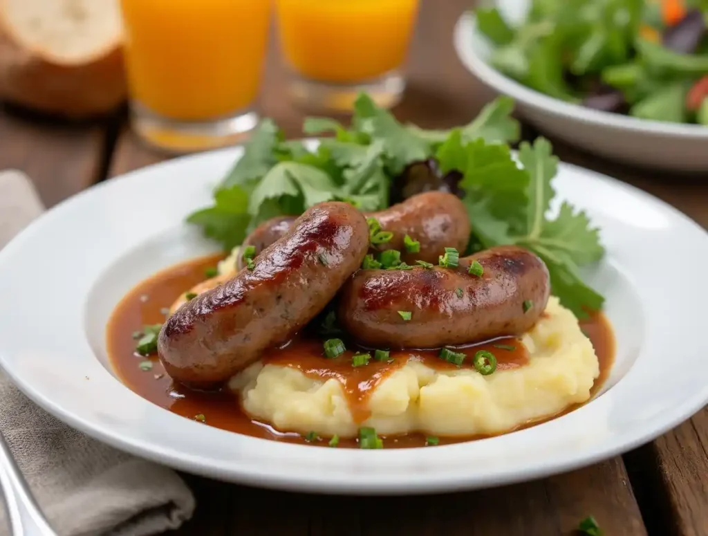 Beef sausage served over mashed potatoes with sides of salad and bread.