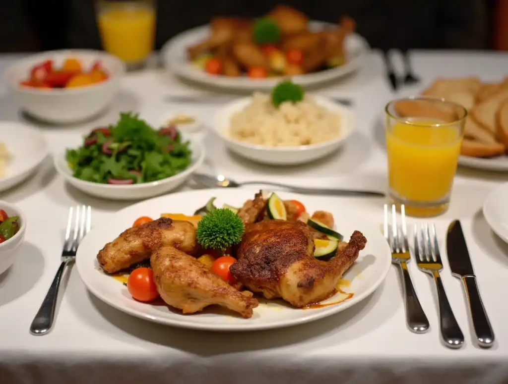 A plated Ninja Foodi meal with chicken and vegetables, served with rice and salad on a beautifully set table.