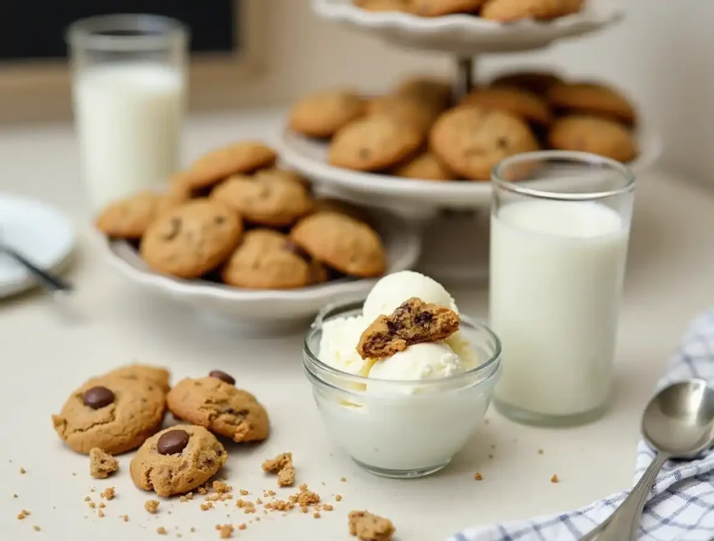 Nestle Toll House chocolate chip cookies served with milk and ice cream