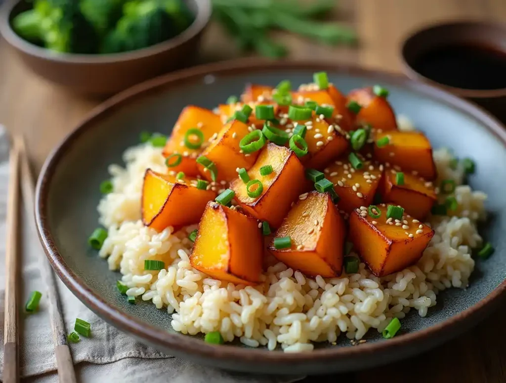 Roasted kabocha squash served over jasmine rice with scallions and sesame seeds.