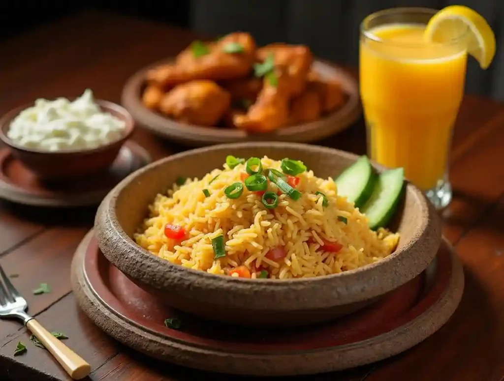 Anjappar Egg Fried Rice served with Chicken 65, cucumber raita, and mango lassi for a complete meal experience.