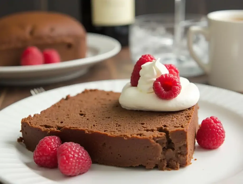 A slice of chocolate cream cheese pound cake served with whipped cream, raspberries, and coffee