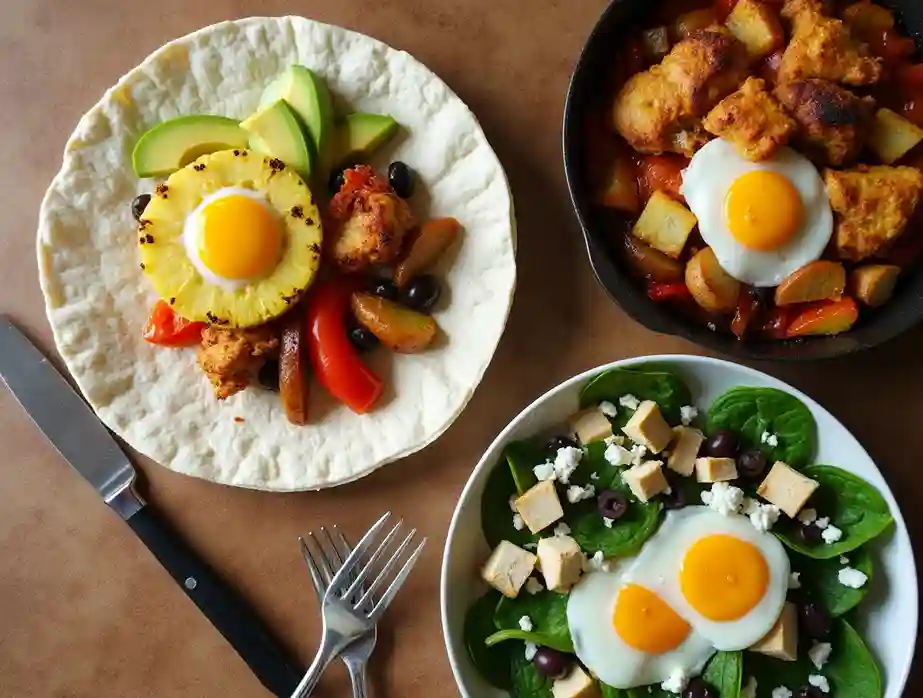 A variety of chicken breakfast recipes, featuring a tortilla wrap with avocado and eggs, a hearty chicken and vegetable dish with a fried egg, and a fresh spinach salad with grilled chicken and feta cheese.