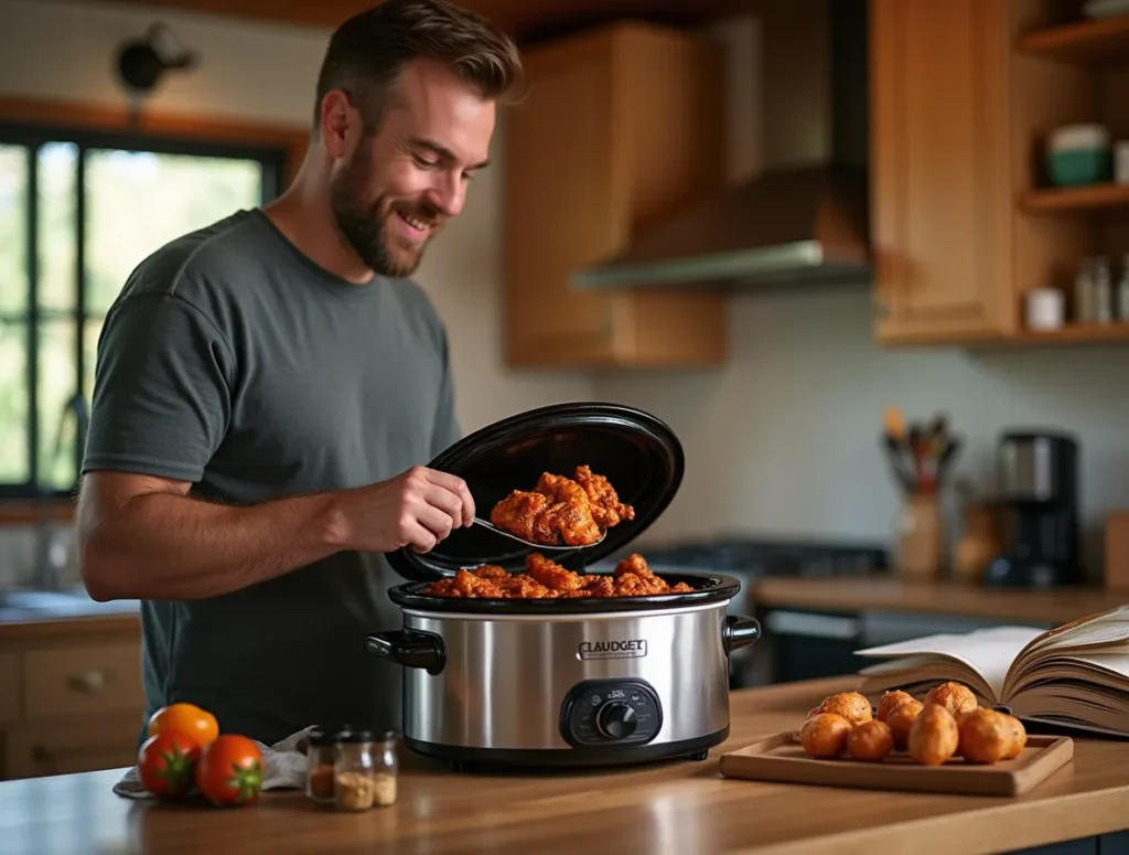 A home cook happily unveiling a delicious meal from a 2-quart slow cooker, surrounded by fresh ingredients in a cozy kitchen setting.