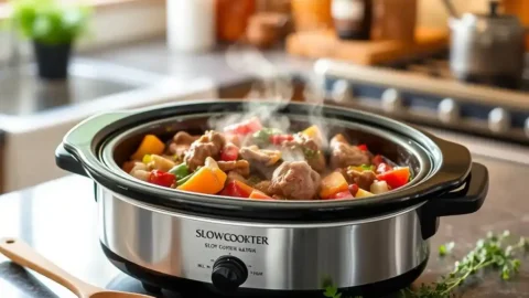 A steaming 2-quart slow cooker filled with a rich, slow-cooked meal, surrounded by fresh ingredients on a cozy kitchen countertop