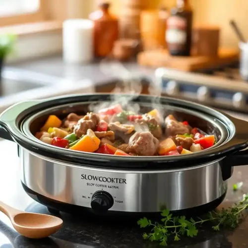 A steaming 2-quart slow cooker filled with a rich, slow-cooked meal, surrounded by fresh ingredients on a cozy kitchen countertop