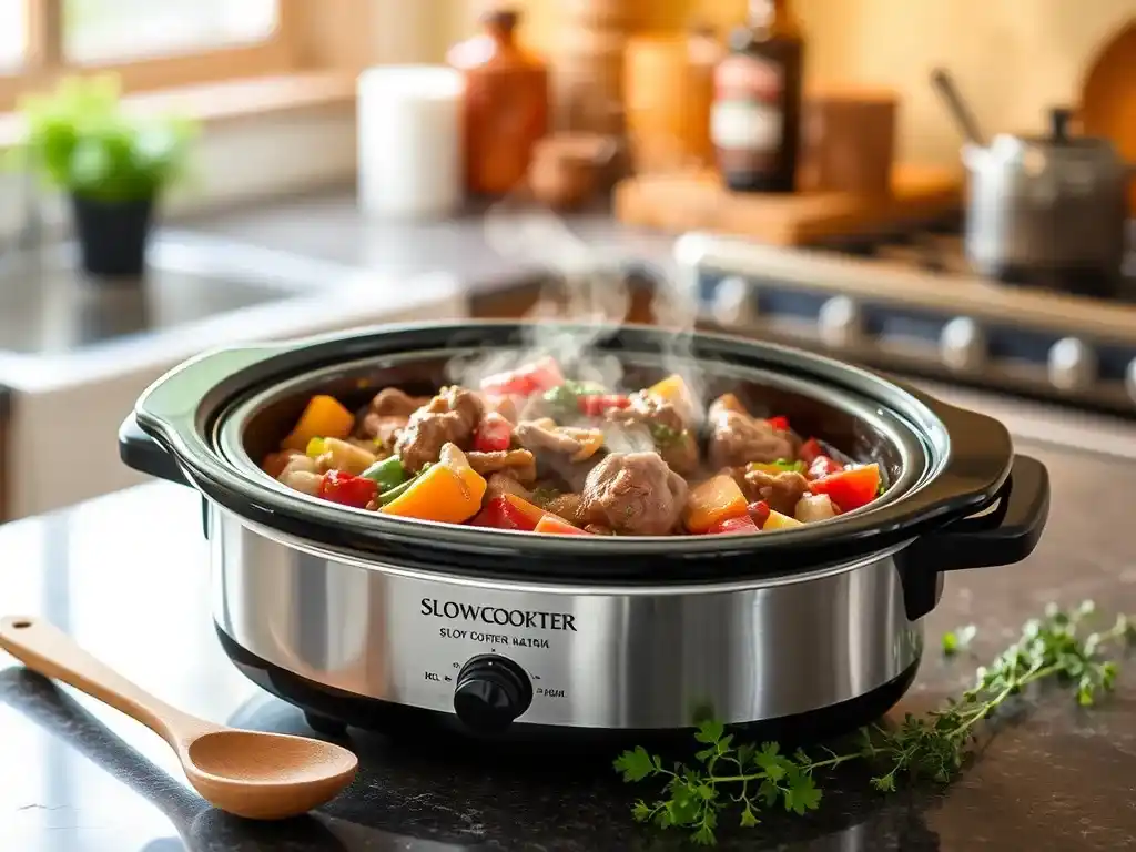 A steaming 2-quart slow cooker filled with a rich, slow-cooked meal, surrounded by fresh ingredients on a cozy kitchen countertop